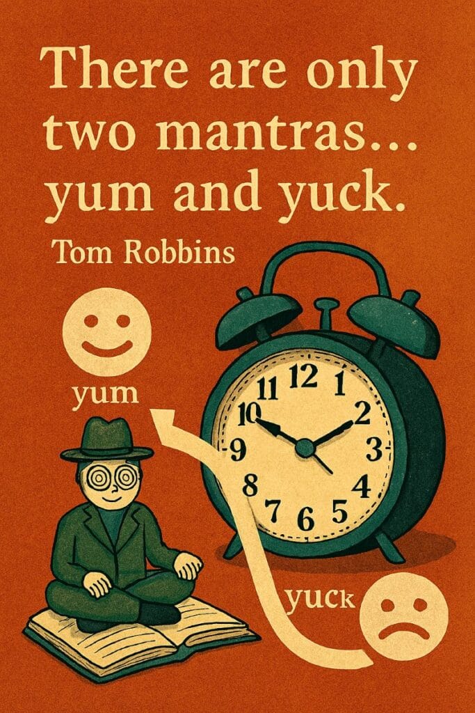 Vintage-style illustration featuring a spiral-eyed figure under a smiling “yum” face and an alarm clock beside a frowning “yuck” face, connected by a looping arrow. The quote “There are only two mantras... yum and yuck” by Tom Robbins appears above.