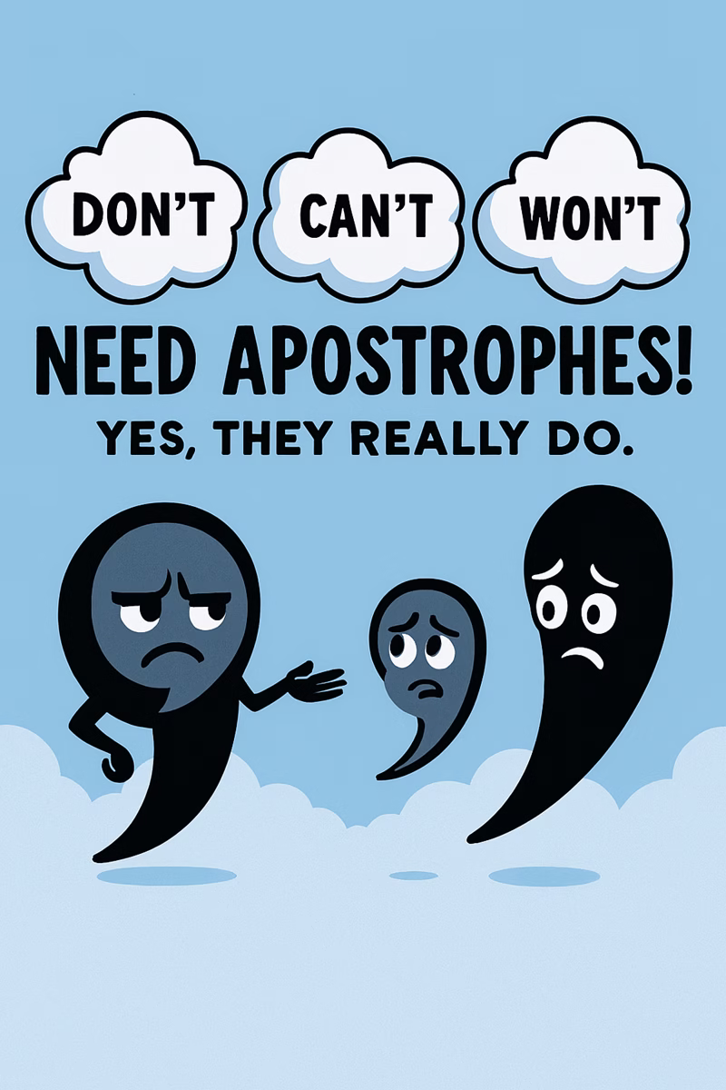 Three clouds labeled DON'T, CAN'T, and WON'T float above two sad punctuation marks—a comma and an apostrophe—highlighting the need for apostrophes in contractions.
