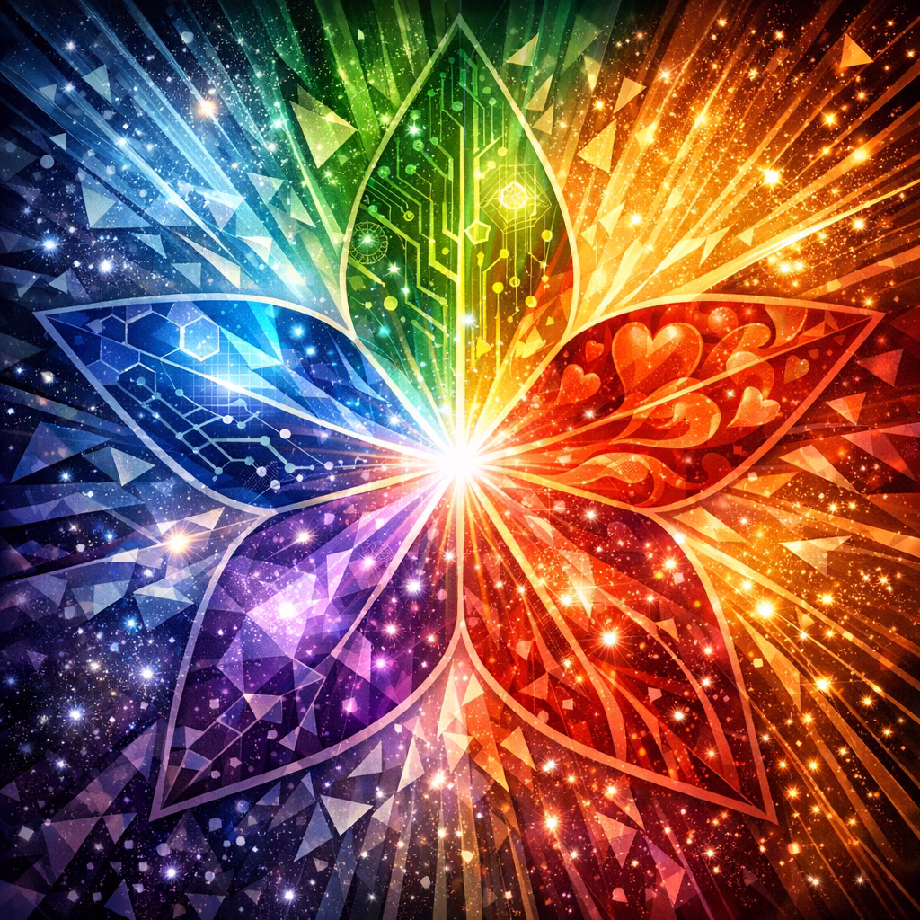 A radiant kaleidoscopic mandala divided into five colorful segments—blue, green, red, purple, and gold—each symbolizing Body, Mind, Heart, Soul, and Spirit, converging in a luminous burst of light at the center.