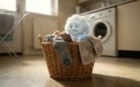 A small, translucent cloud-like deity with a weary expression sitting inside a wicker laundry basket. The creature is holding a tiny clipboard while resting on a pile of grey socks and towels in a sunlit laundry room