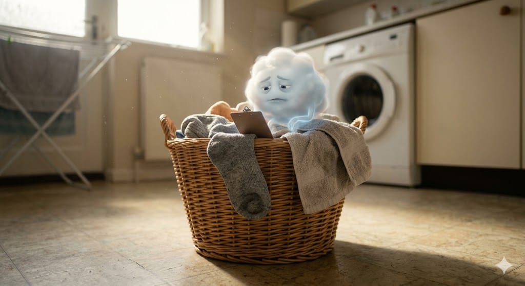 A small, translucent cloud-like deity with a weary expression sitting inside a wicker laundry basket. The creature is holding a tiny clipboard while resting on a pile of grey socks and towels in a sunlit laundry room