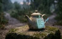 A surreal, vintage ceramic teapot sitting on a mossy stone in a forest. A glowing, translucent digital clipboard is attached to its spout, displaying text about a 'spiritually interesting' subject, with a glowing stylus floating nearby.