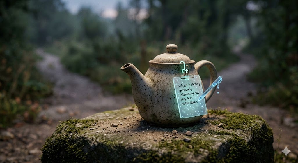 A surreal, vintage ceramic teapot sitting on a mossy stone in a forest. A glowing, translucent digital clipboard is attached to its spout, displaying text about a 'spiritually interesting' subject, with a glowing stylus floating nearby.
